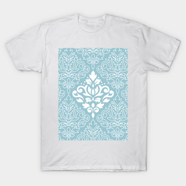 Scroll Damask Lg Pattern Mid White+Line on Blue T-Shirt by NataliePaskell